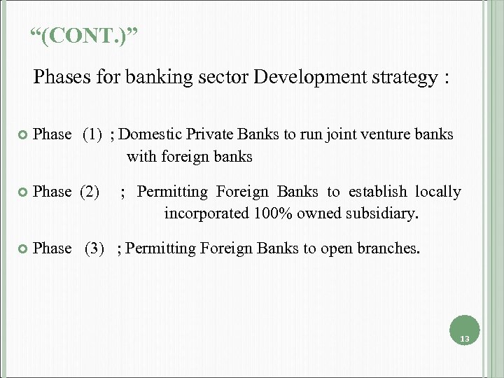 “(CONT. )” Phases for banking sector Development strategy : Phase (1) ; Domestic Private