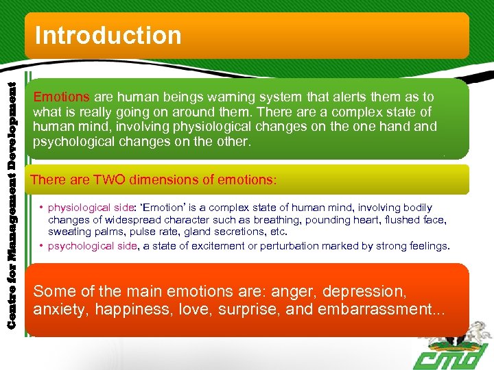 Centre for Management Development Introduction Emotions are human beings warning system that alerts them