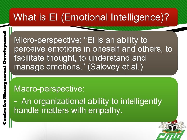 Centre for Management Development What is EI (Emotional Intelligence)? Micro-perspective: “EI is an ability