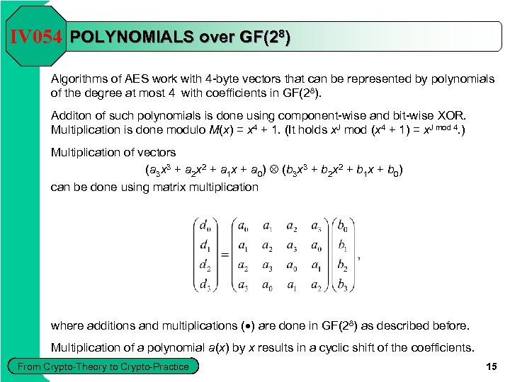IV 054 POLYNOMIALS over GF(28) Algorithms of AES work with 4 -byte vectors that