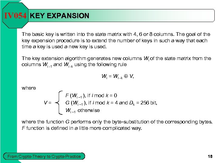 IV 054 KEY EXPANSION The basic key is written into the state matrix with