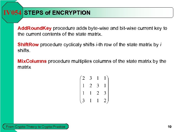 IV 054 STEPS of ENCRYPTION Add. Round. Key procedure adds byte-wise and bit-wise current
