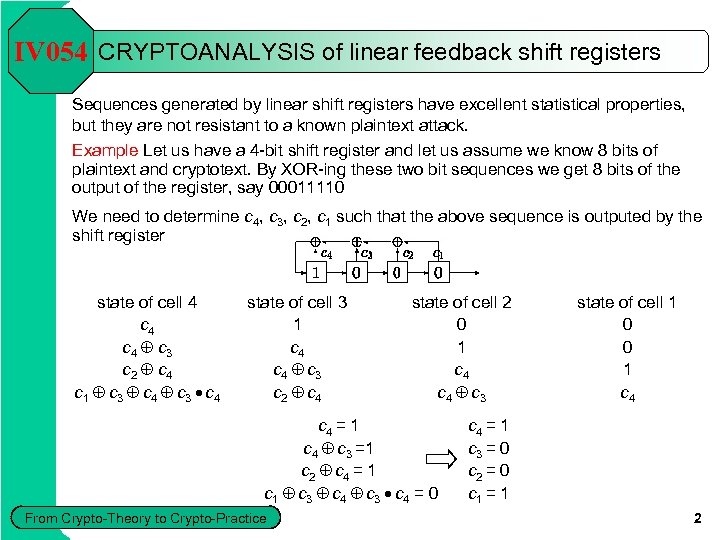 IV 054 CRYPTOANALYSIS of linear feedback shift registers Sequences generated by linear shift registers