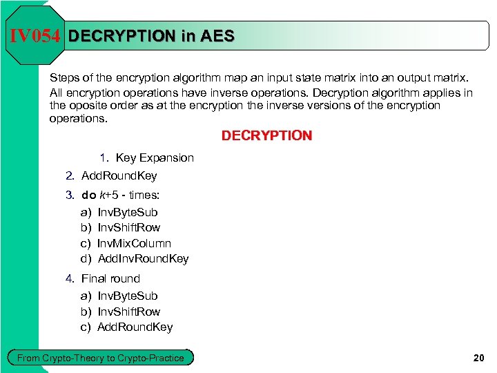 IV 054 DECRYPTION in AES Steps of the encryption algorithm map an input state
