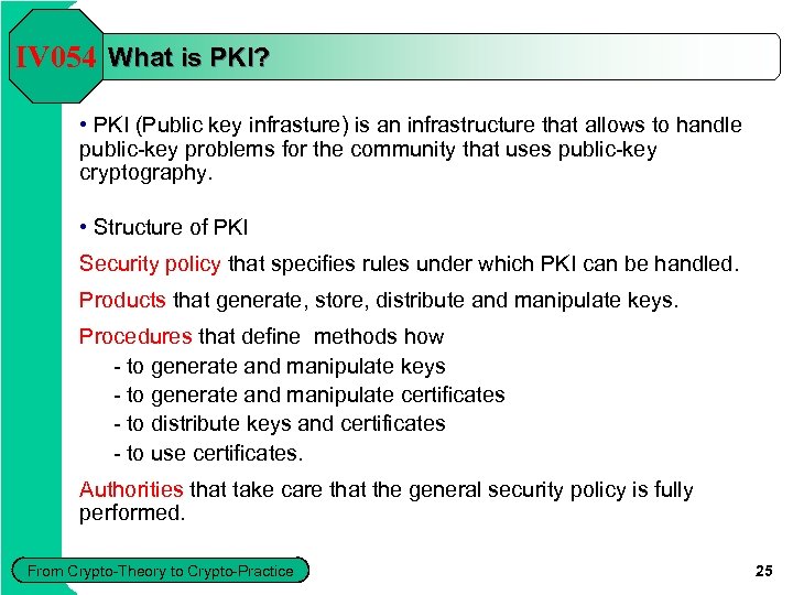 IV 054 What is PKI? • PKI (Public key infrasture) is an infrastructure that