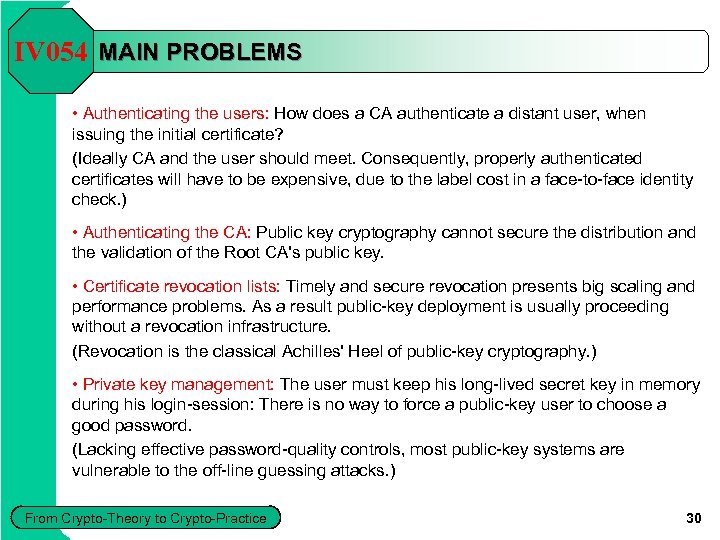 IV 054 MAIN PROBLEMS • Authenticating the users: How does a CA authenticate a