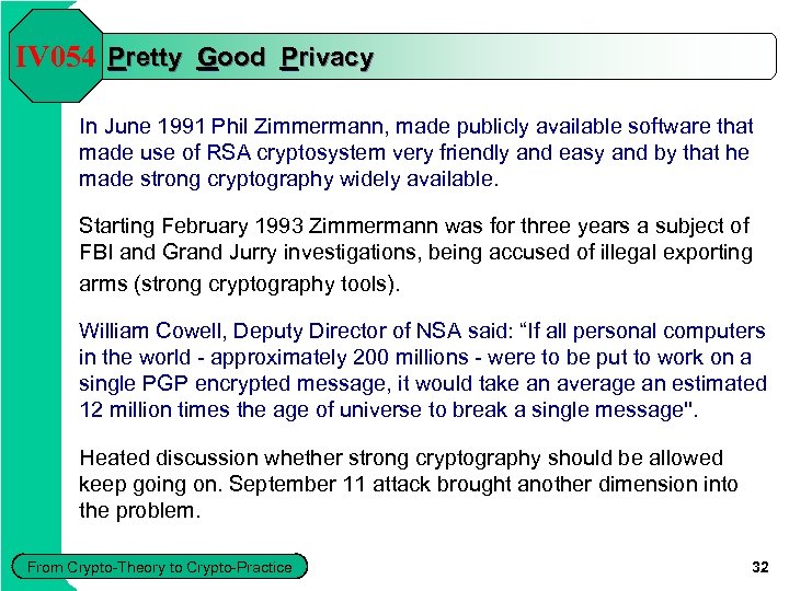 IV 054 Pretty Good Privacy In June 1991 Phil Zimmermann, made publicly available software