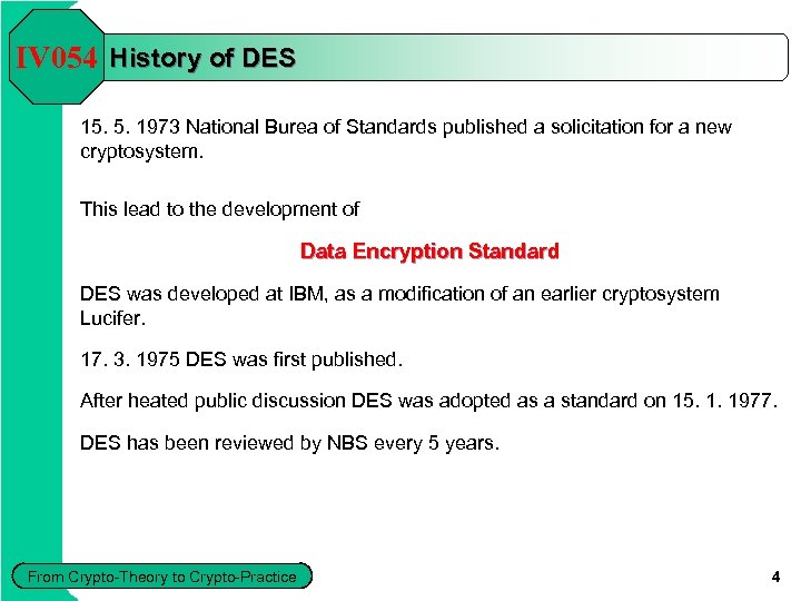 IV 054 History of DES 15. 5. 1973 National Burea of Standards published a