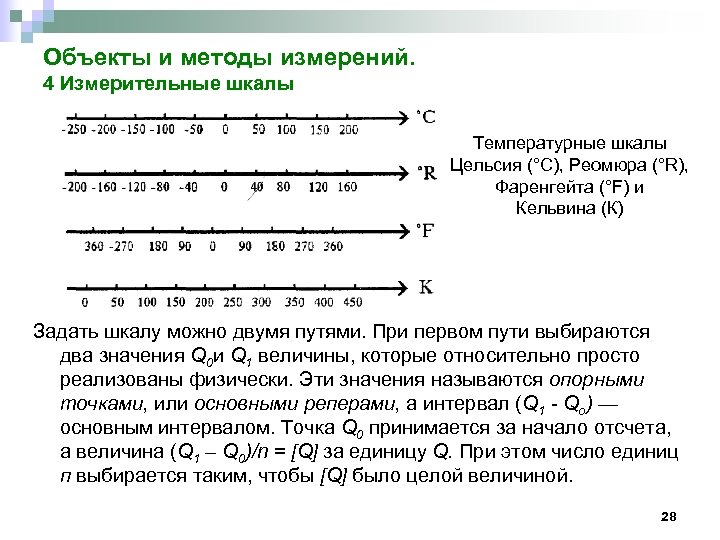 Объекты и методы измерений. 4 Измерительные шкалы Температурные шкалы Цельсия (°С), Реомюра (°R), Фаренгейта