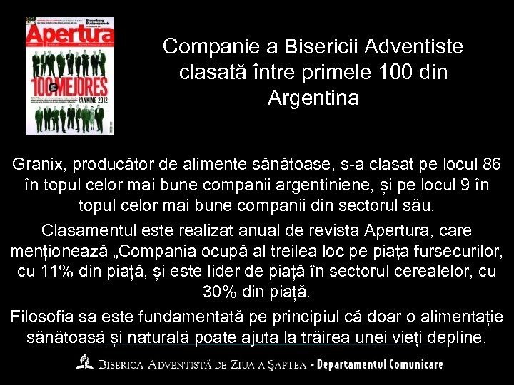 Companie a Bisericii Adventiste clasată între primele 100 din Argentina Granix, producător de alimente