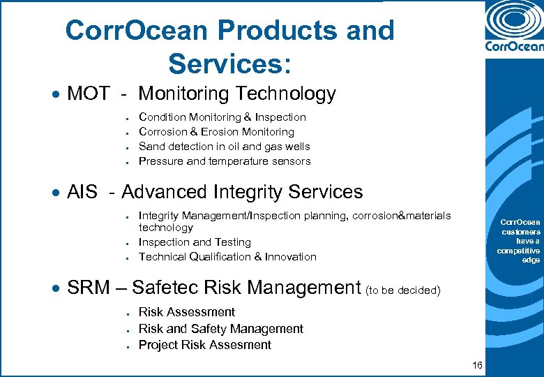 Corr. Ocean Products and Services: · MOT - Monitoring Technology · · Condition Monitoring