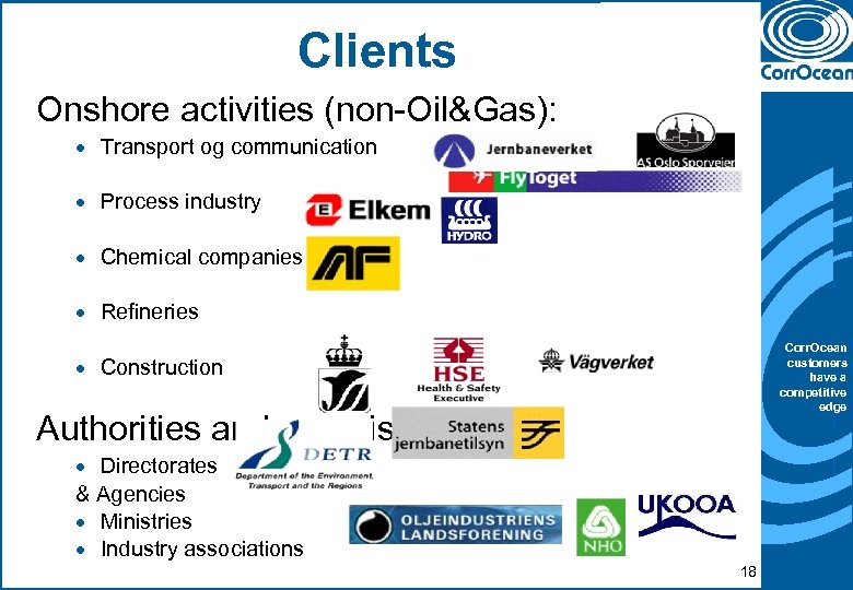 Clients Onshore activities (non-Oil&Gas): · Transport og communication · Process industry · Chemical companies