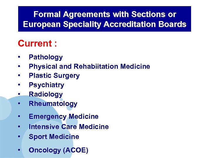Formal Agreements with Sections or European Speciality Accreditation Boards Current : • • •