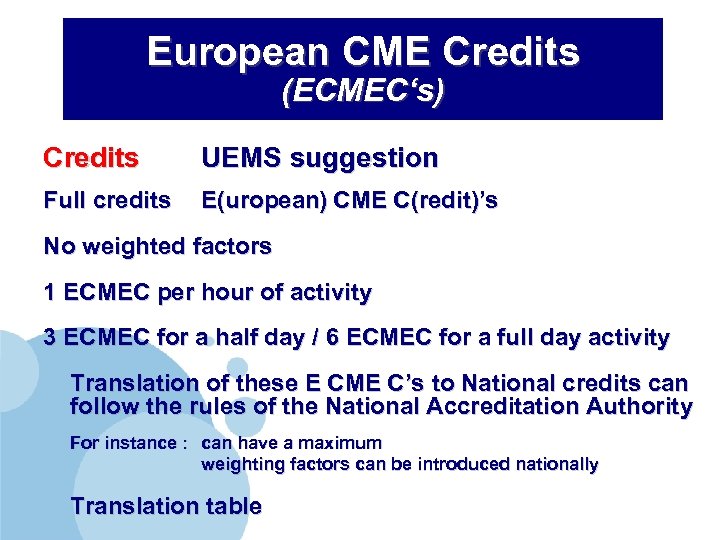 European CME Credits (ECMEC‘s) Credits UEMS suggestion Full credits E(uropean) CME C(redit)’s No weighted
