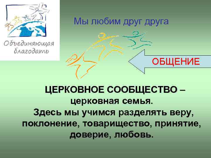 Мы любим друга OБЩЕНИЕ ЦЕРКОВНОЕ СООБЩЕСТВО – церковная семья. Здесь мы учимся разделять веру,