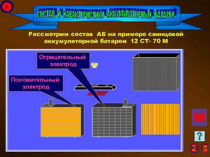 $ Рассмотрим состав АБ на примере свинцовой аккумуляторной батареи 12 СТ- 70 М Отрицательный