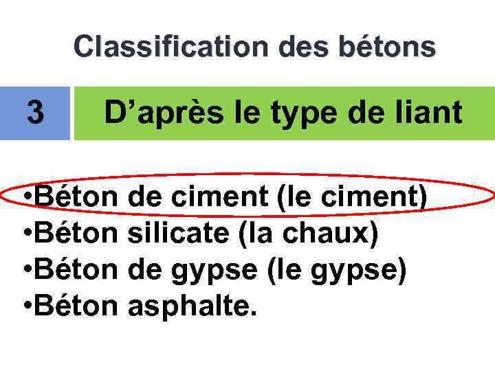Classification des bétons 3 D’après le type de liant • Béton de ciment (le