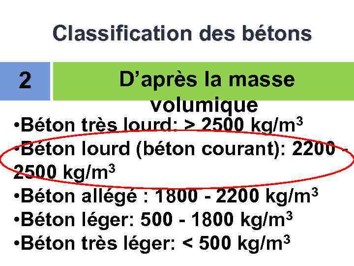 Classification des bétons 2 D’après la masse volumique • Béton très lourd: > 2500