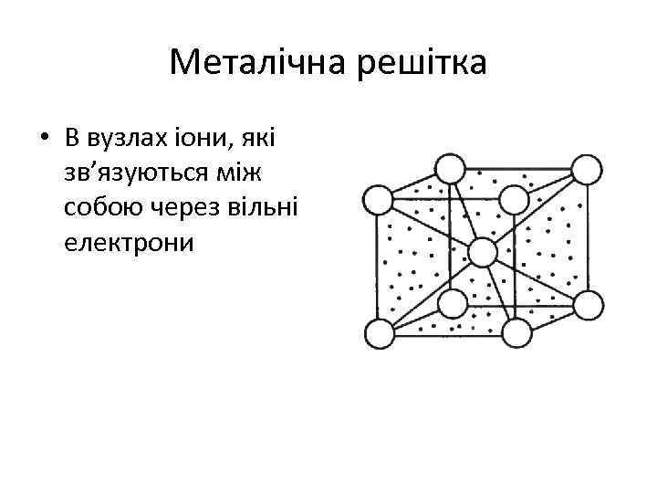 Металічна решітка • В вузлах іони, які зв’язуються між собою через вільні електрони 