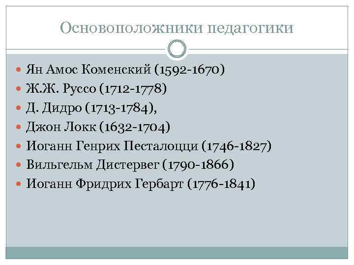 Основоположники педагогики Ян Амос Коменский (1592 1670) Ж. Ж. Руссо (1712 1778) Д. Дидро