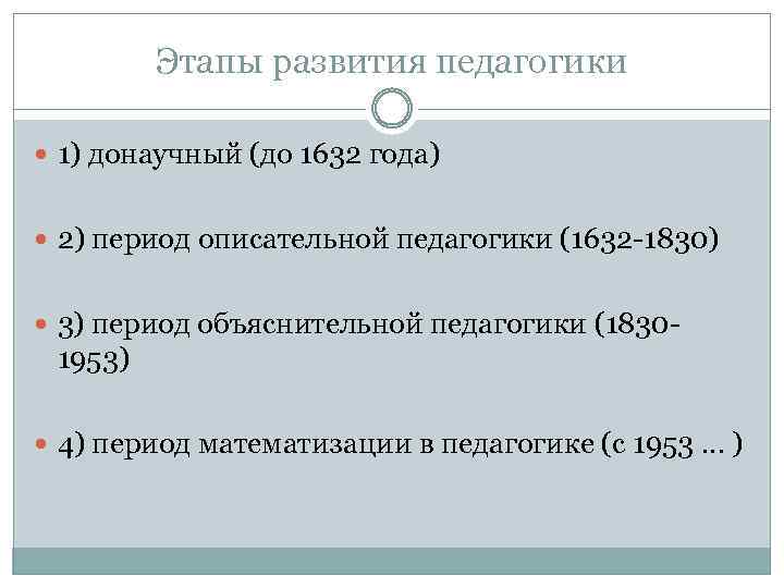 Этапы развития педагогики 1) донаучный (до 1632 года) 2) период описательной педагогики (1632 1830)