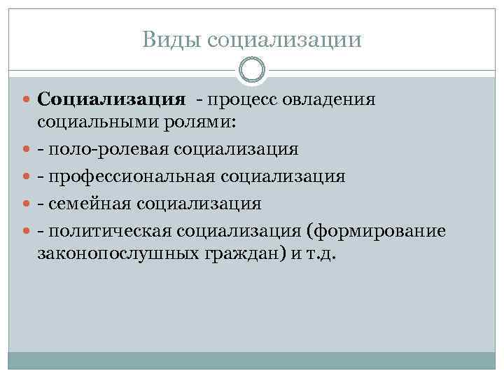 Виды социализации Социализация процесс овладения социальными ролями: поло ролевая социализация профессиональная социализация семейная социализация