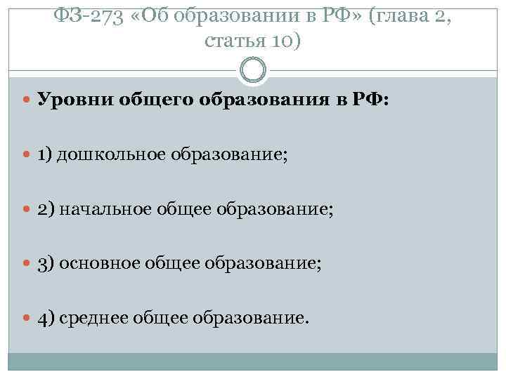 ФЗ 273 «Об образовании в РФ» (глава 2, статья 10) Уровни общего образования в