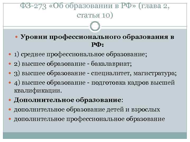 ФЗ 273 «Об образовании в РФ» (глава 2, статья 10) Уровни профессионального образования в