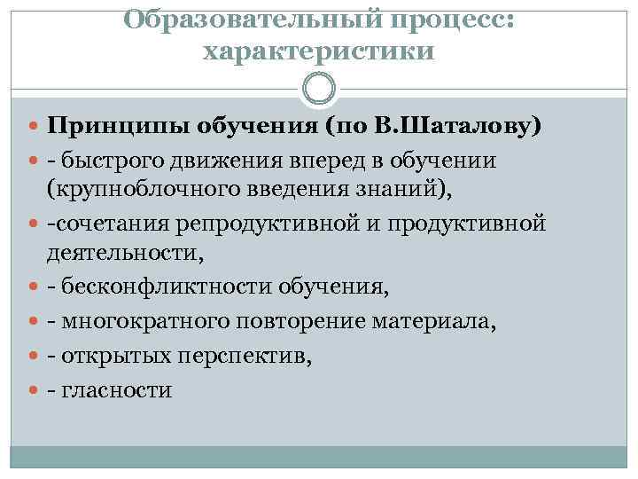 Образовательный процесс: характеристики Принципы обучения (по В. Шаталову) быстрого движения вперед в обучении (крупноблочного