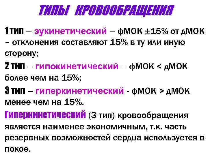 ТИПЫ КРОВООБРАЩЕНИЯ 1 тип – эукинетический – ф. МОК ± 15% от д. МОК