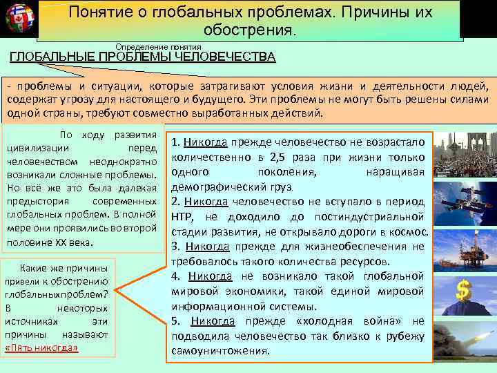 Понятие о глобальных проблемах. Причины их обострения. Определение понятия ГЛОБАЛЬНЫЕ ПРОБЛЕМЫ ЧЕЛОВЕЧЕСТВА - проблемы