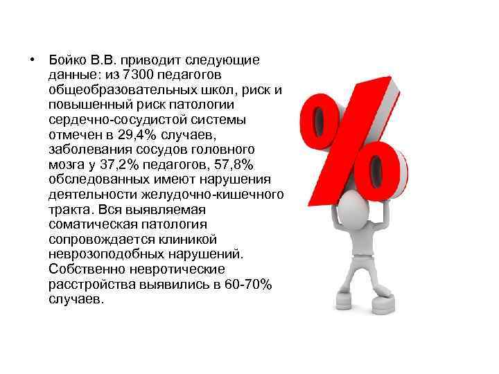  • Бойко В. В. приводит следующие данные: из 7300 педагогов общеобразовательных школ, риск