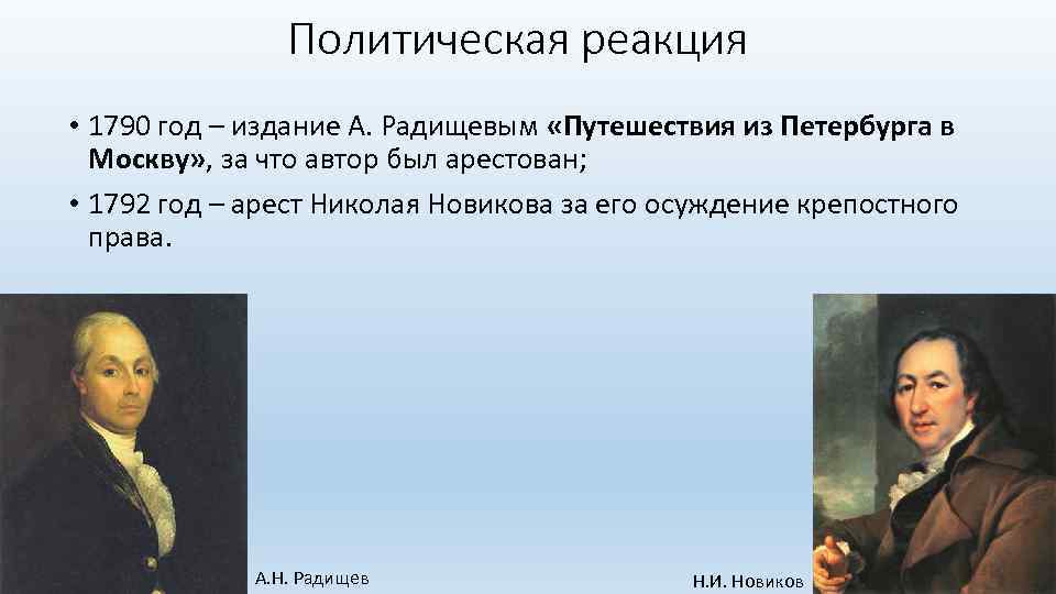 Политическая реакция • 1790 год – издание А. Радищевым «Путешествия из Петербурга в Москву»