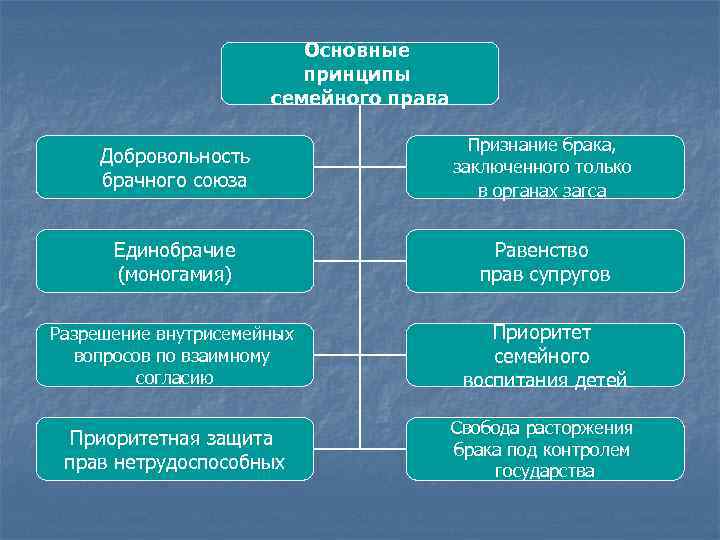 Основные принципы семейного права Добровольность брачного союза Признание брака, заключенного только в органах загса