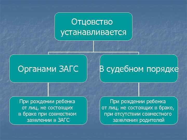 Отцовство устанавливается Органами ЗАГС В судебном порядке При рождении ребенка от лиц, не состоящих