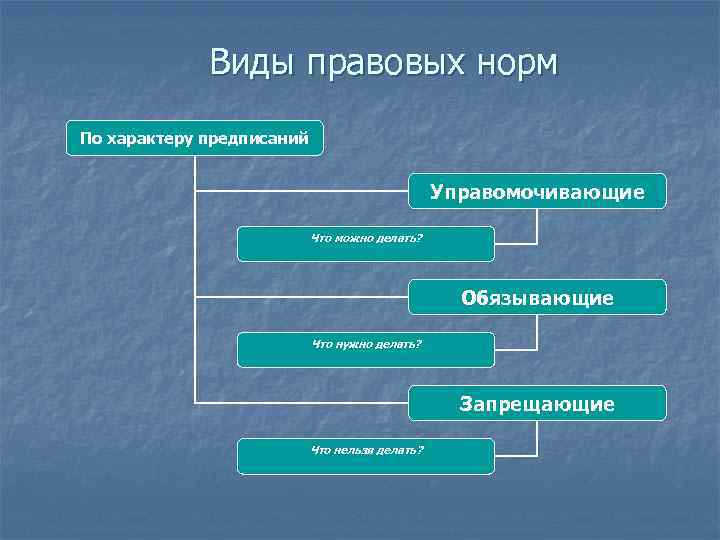 Виды правовых норм По характеру предписаний Управомочивающие Что можно делать? Обязывающие Что нужно делать?
