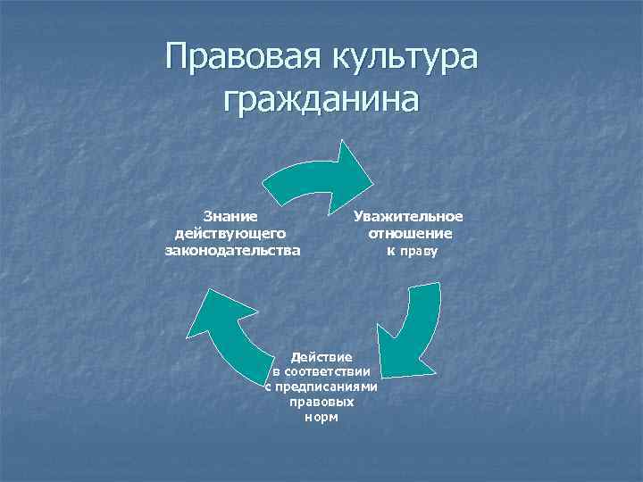 Правовая культура гражданина Знание действующего законодательства Уважительное отношение к праву Действие в соответствии с