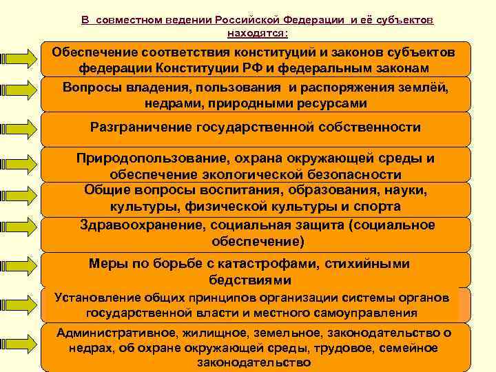 В совместном ведении Российской Федерации и её субъектов находятся: Обеспечение соответствия конституций и законов