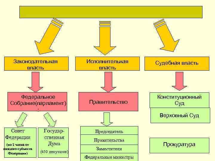 Законодательная власть Федеральное Собрание(парламент) : Совет Федерации (по 2 члена от каждого субъекта Федерации)