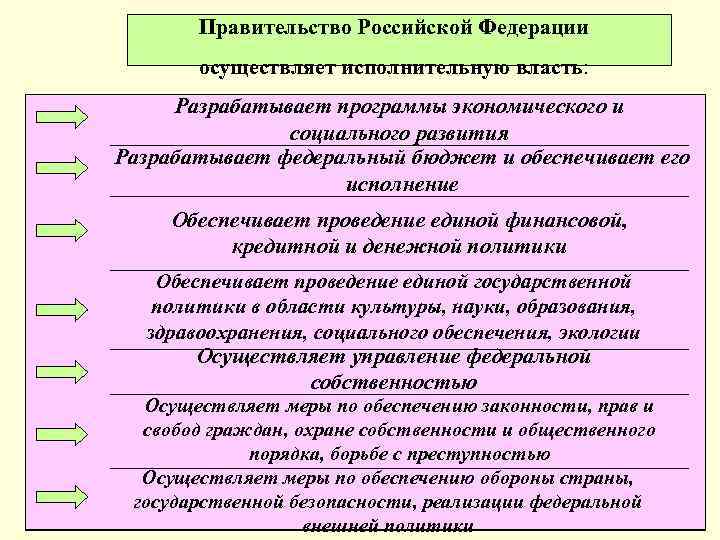 Правительство Российской Федерации осуществляет исполнительную власть: Разрабатывает программы экономического и социального развития Разрабатывает федеральный