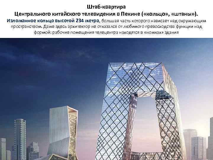 Штаб-квартира Центрального китайского телевидения в Пекине ( «кольцо» , «штаны» ). Изломанное кольцо высотой