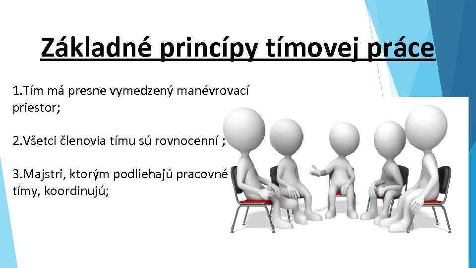 Základné princípy tímovej práce 1. Tím má presne vymedzený manévrovací priestor; 2. Všetci členovia