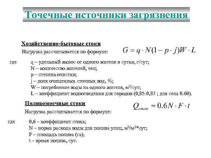 Точечные источники загрязнения Хозяйственно-бытовые стоки Нагрузка рассчитывается по формуле: где q – удельный вынос