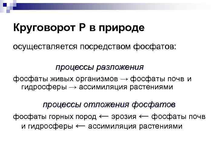 Круговорот Р в природе осуществляется посредством фосфатов: процессы разложения фосфаты живых организмов → фосфаты