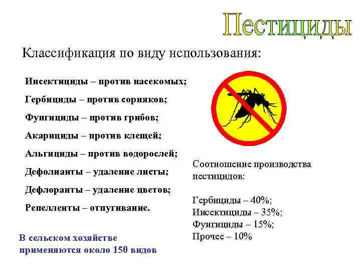 Классификация по виду использования: Инсектициды – против насекомых; Гербициды – против сорняков; Фунгициды –