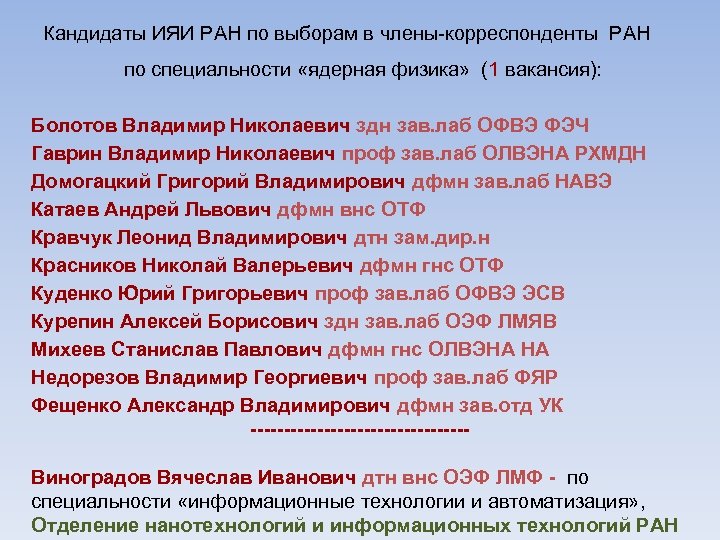 Кандидаты ИЯИ РАН по выборам в члены-корреспонденты РАН по специальности «ядерная физика» (1 вакансия):