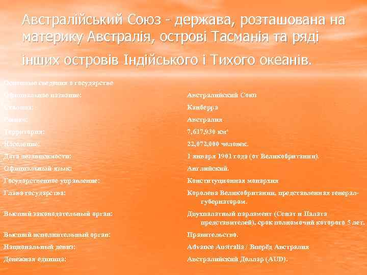 Австралійський Союз - держава, розташована на материку Австралія, острові Тасманія та ряді інших островів
