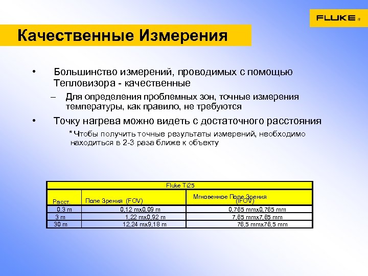 Качественные Измерения • Большинство измерений, проводимых с помощью Тепловизора - качественные – • Для