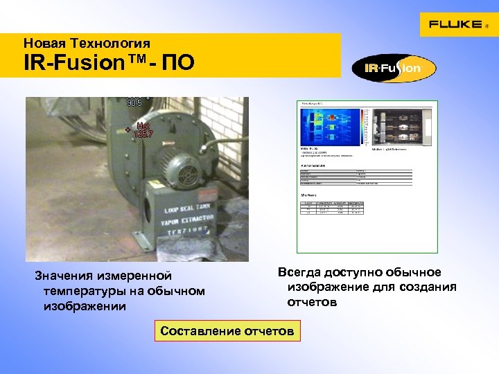 Новая Технология IR-Fusion™- ПО Значения измеренной температуры на обычном изображении Всегда доступно обычное изображение