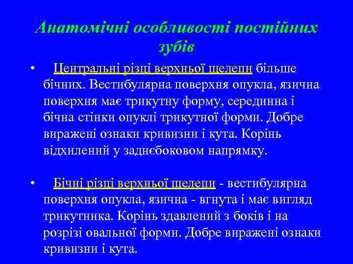 Анатомічні особливості постійних зубів • Центральні різці верхньої щелепи більше бічних. Вестибулярна поверхня опукла,